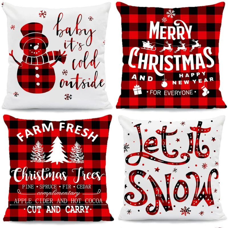 Photo 1 of LATEEFAH 4Pcs Christmas Throw Pillow Covers, Buffalo Plaid Soft Christmas Pillowcases Xmas Winter Holiday Cushin Covers for Home, Sofa, Christmas Decor Throw Pillow Covers-18x18''
