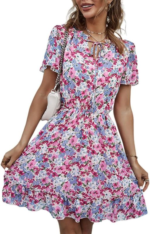 Photo 1 of Chic Style Women's Summer Casual Boho Dress Floral Printed Short Dress V Neck Loose High Waist Beach Party Dress (Color : Pink, Size : L/Large)