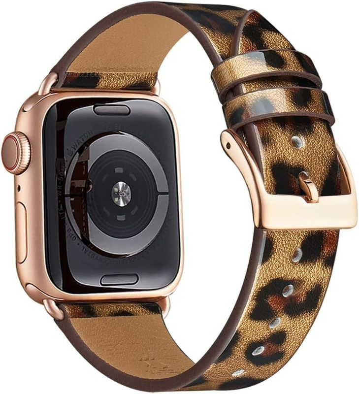 Photo 1 of Bestig Band Compatible for Apple Watch 38mm , Genuine Leather Replacement Strap for iWatch Series 8 7 6 SE 5 4 3 2 1, Sports & Edition (Leopard Band+Rose Gold Connector)