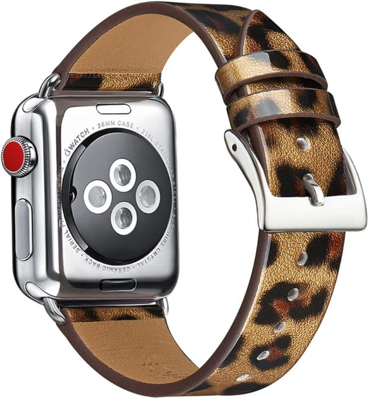 Photo 1 of Bestig Band Compatible for Apple Watch 38mm, Genuine Leather Replacement Strap for iWatch Series 8 7 6 SE 5 4 3 2 1, Sports & Edition (Leopard Band+Silver Connector)
