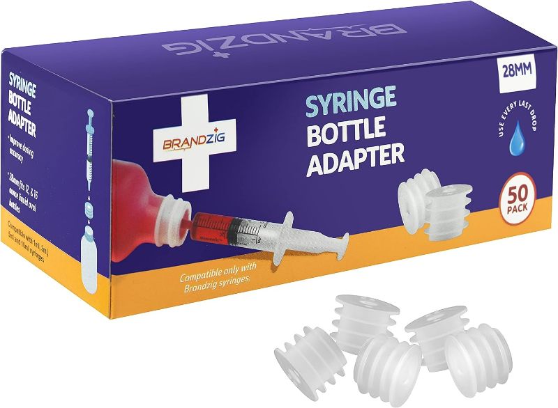 Photo 1 of Medicine Bottle Syringe Adapter For Oral Dispensers (28mm, 50 Pack) & Brandzig Insulin Syringes 31G 1cc 5/16" 2-10 Pack
