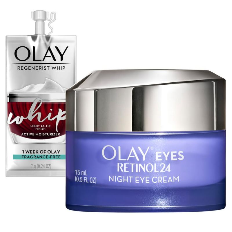 Photo 1 of Olay Regenerist Retinol 24 Night Eye Cream, 0.5oz + Whip Face Moisturizer Travel/Trial Size Bundle