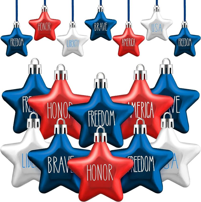 Photo 1 of 24 Pcs Independence Day Hanging Ornament Small Patriotic Star Ornaments Mini Printed 4th of July Ornaments for Tree Decorations Decor for Indoor Outdoor.