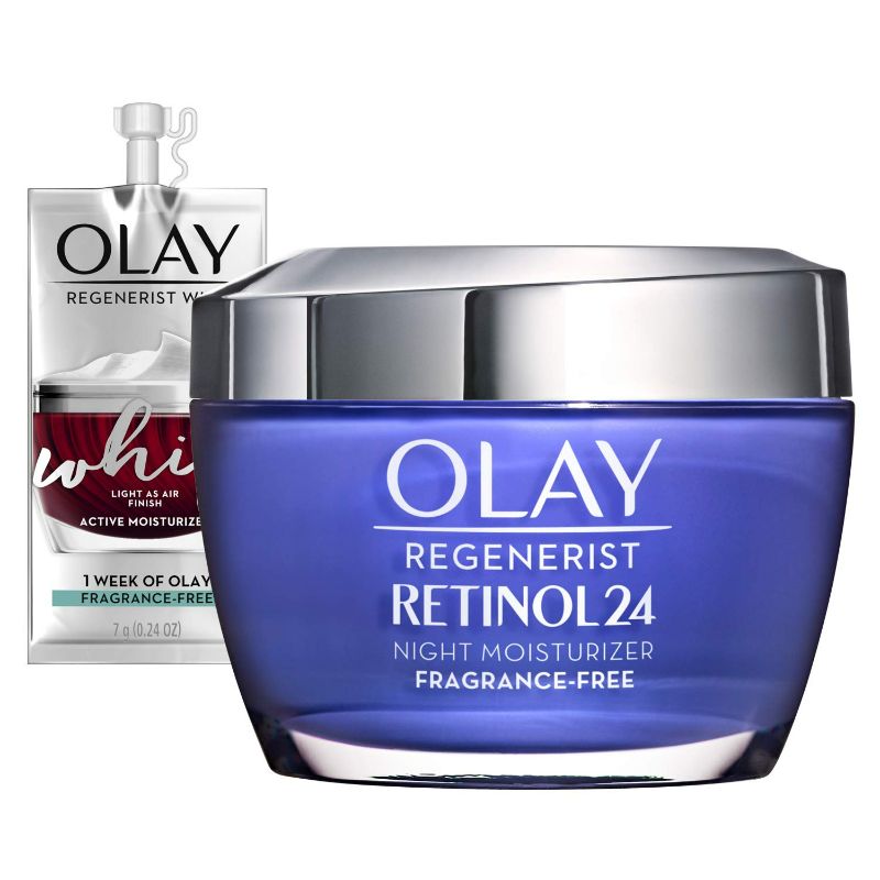 Photo 1 of Olay Regenerist Retinol Moisturizer, Retinol 24 Night Face Cream with Niacinamide, Anti-Wrinkle Fragrance-Free 1.7 oz, Includes Olay Whip Travel Size