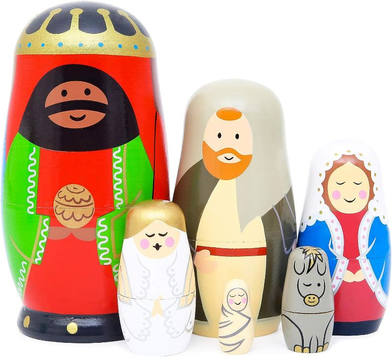 Photo 1 of Moonmo - Nesting Doll Holy Family -The Nativity Family Wooden Nesting Dolls Matryoshka Nativity Figurines-Set of 5 Dolls (Brown)