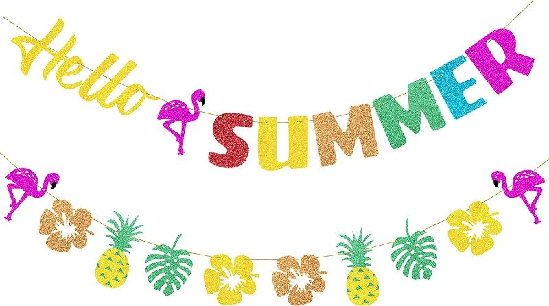 Photo 1 of Glitter Hello Summer Banner with Flamingo, Hello Summer Decorations for Home Office School Decor, Hawaiian Tropical Theme Holiday Birthday Party Supplies, Pre-Strung