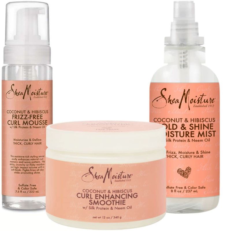 Photo 1 of SheaMoisture Curly Hair Products, Coconut & Hibiscus Bundle Includes Frizz Free Curl Mousse 7.5 Fl Oz, Curl Enhancing Smoothie 12 Oz, Hold & Shine Moisture Mist 8 Fl Oz, Hair Styling Products
