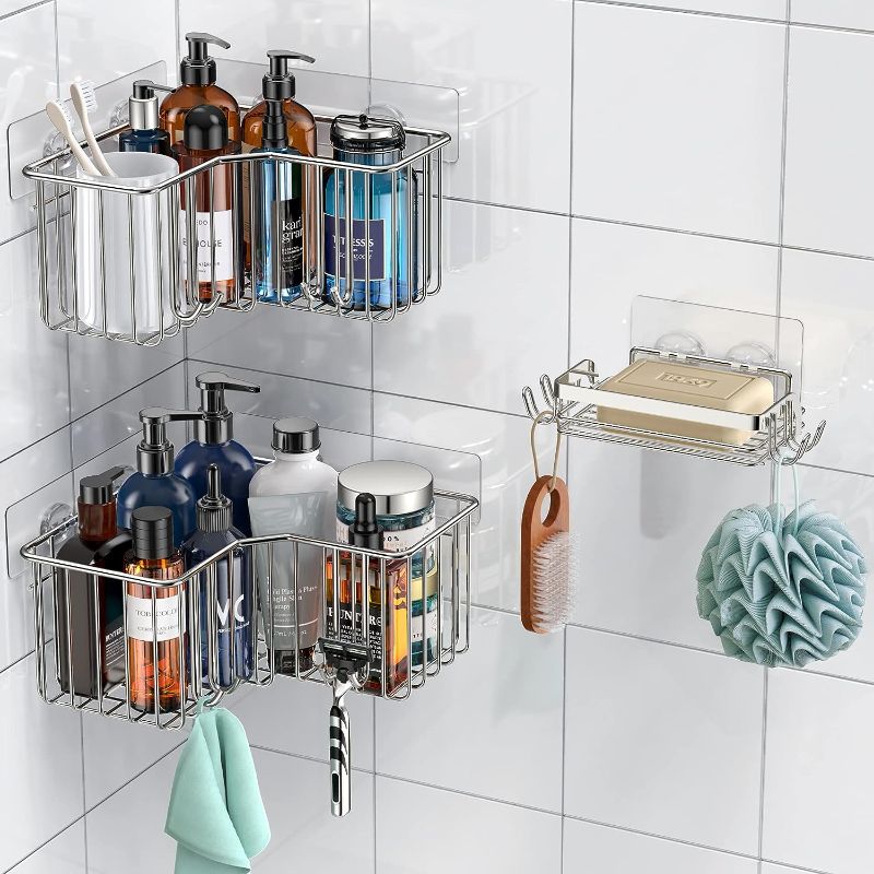 Photo 1 of X002W72Z3PSMARTAKE Corner Shower Caddy, 3-Pack Adhesive Shower Organizer Deep Basket with Soap Holder and Hooks, Shower Shelf Rustproof Stainless Steel, Shower Rack Storage for Bathroom Kitchen Fit 90° Wall

