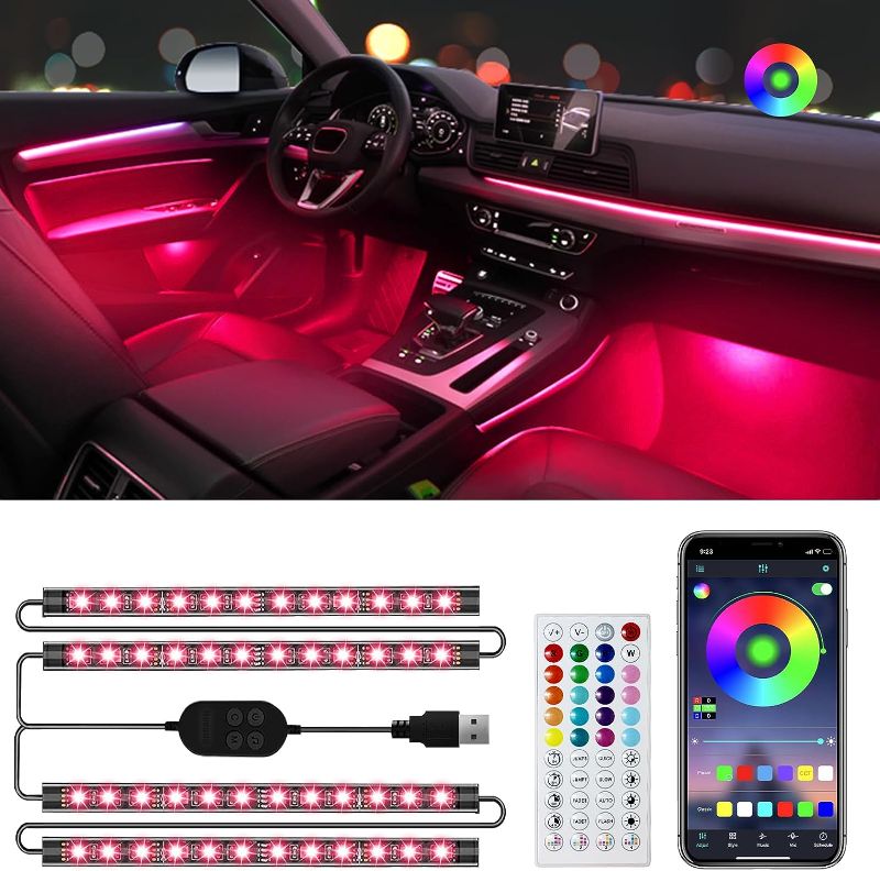 Photo 1 of Hovano Car LED Lights, App Control with Smart Car Interior Lights, DIY Mode, Music Mode, RGB Inside Car Lights, 48 LEDs Lights for Car with USB Port, Car Accessories Gifts for Women Men
