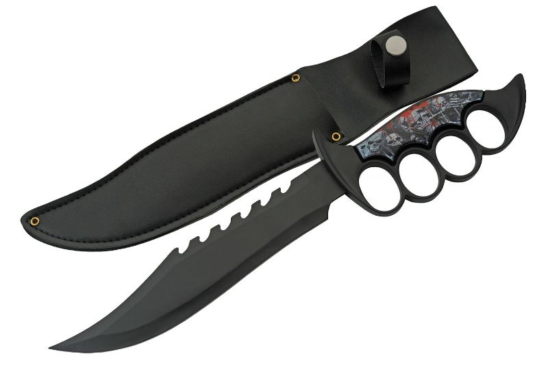 Photo 1 of 13.25? BLOODY HORROR KNIFE
Overall Length	13.25?
Blade Length	8?
Handle Length	5.25?
Blade Material	420 Stainless Steel
Knife Style	Hunting
Handle	Black Handle
Blade Color	Black
Special Features	Skull Design
Finger Grip On Handle
Included Accessories	Shea