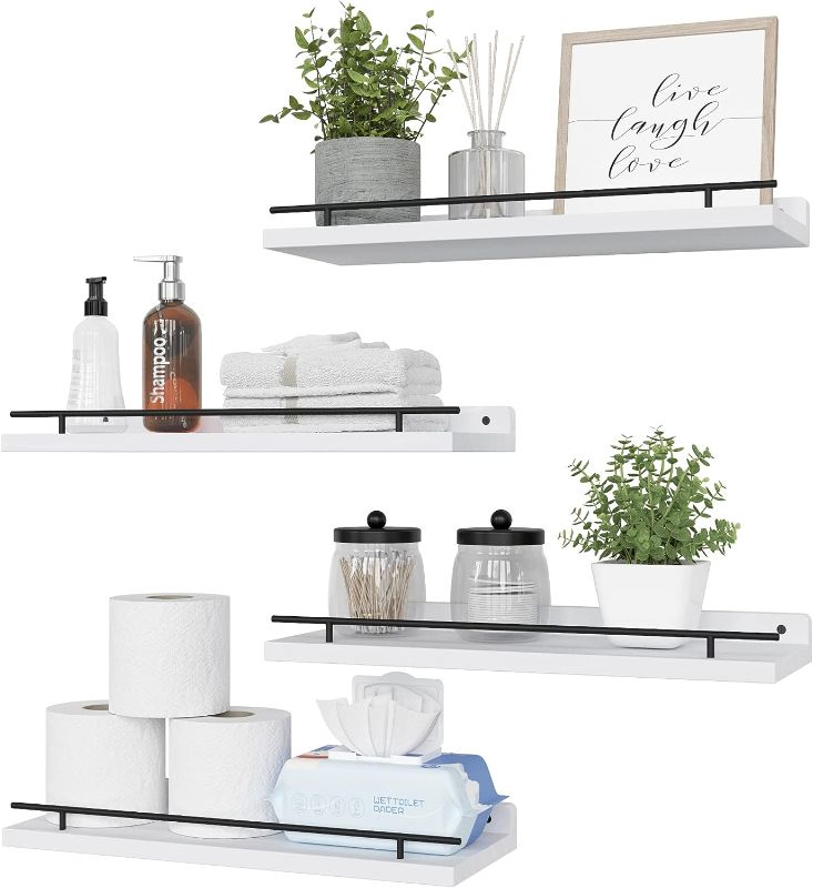 Photo 1 of WOPITUES Floating Shelves with Black Metal Rail, 4 Set Shelves for Wall Decor, Modern Wood Wall Shelves for Bathroom, Bedroom, Living Room, Kitchen, Plants, Books, Picture Frames- Black in White
