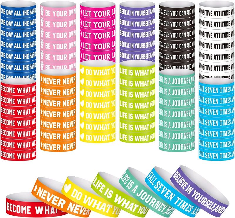 Photo 1 of 500 Pcs Motivational Quote Paper Wristbands Motivational Wrist Bands Bulk Waterproof Paper Bracelets Colored Inspirational Patterns Paper Bracelet for Women Men Teen Gifts (Motivational Quote)
