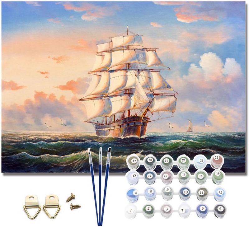 Photo 2 of Pretty Jolly DIY Paint by Numbers for Adults Beginner Sailboat at Sea Oil Paint by Number Kit for Kids on Canvas with Brushes and Acrylic for Home Wall Decoration 16x20 Inch
