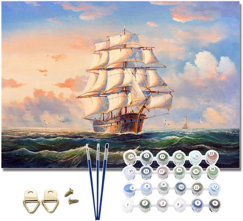 Photo 1 of Pretty Jolly DIY Paint by Numbers for Adults Beginner Sailboat at Sea Oil Paint by Number Kit for Kids on Canvas with Brushes and Acrylic for Home Wall Decoration 16x20 Inch
