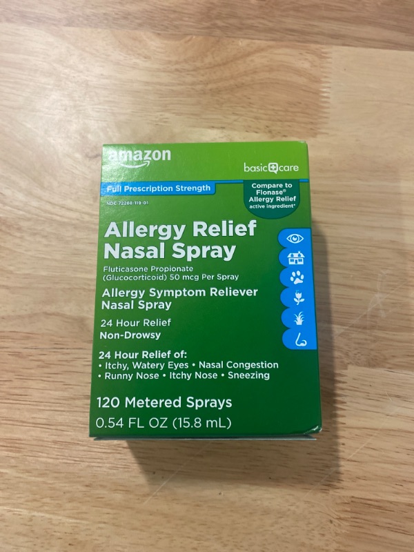 Photo 2 of 
Amazon Basic Care 24-Hour Allergy Relief Nasal Spray, Fluticasone Propionate (Glucocorticoid), 50 mcg Per Spray, Full Prescription Strength, Non-Drowsy, 0.54 Fluid Ounces

