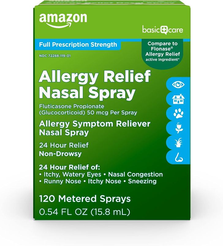 Photo 1 of 
Amazon Basic Care 24-Hour Allergy Relief Nasal Spray, Fluticasone Propionate (Glucocorticoid), 50 mcg Per Spray, Full Prescription Strength, Non-Drowsy, 0.54 Fluid Ounces

