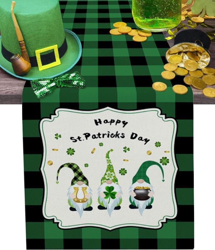 Photo 1 of Happy St. Patrick's Day Gnomes and Lucky Clovers Table Runner-Cotton linen Long 108 inch, Green and Black Buffalo Plaid Tablerunner for Kitchen Coffee/Dining/End Table Scarfs Decor for Holiday Dinner

