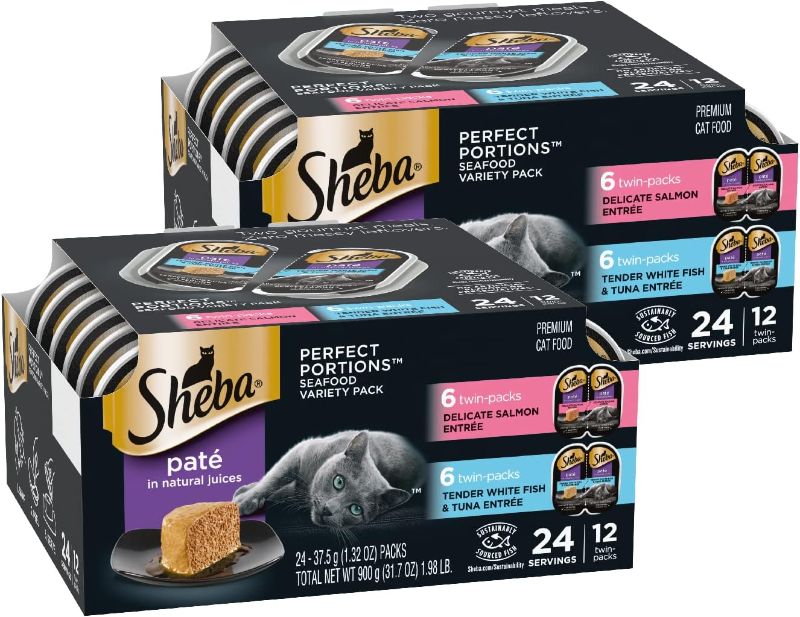 Photo 1 of SHEBA PERFECT PORTIONS Cuts in Gravy Adult Wet Cat Food Trays (24 Count, 48 Servings), Delicate Salmon and Tender Whitefish & Tuna Entrée, Easy Peel Twin-Pack Trays