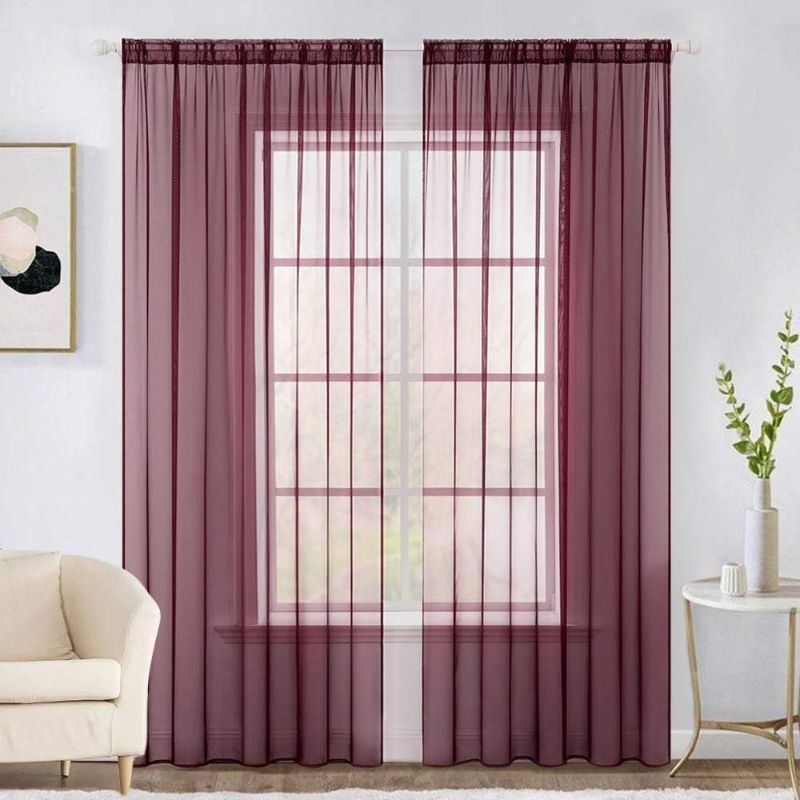 Photo 1 of VIVICORP 2 Panels Solid Color Sheer Window Curtains Elegant Window Voile Panels/Drapes/Treatment for Bedroom Living Room (54X108 Inches Wine Red)
