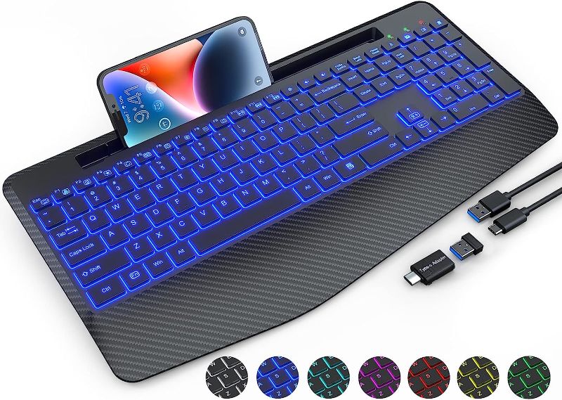 Photo 1 of SABLUTE Wireless Keyboard with 7 Colored Backlits, Wrist Rest, 2.4G Computer Lighted Keyboard with Phone Holder, Rechargeable Full Size Ergonomic Keyboard with Silent Keys for MacBook, PC, Laptop