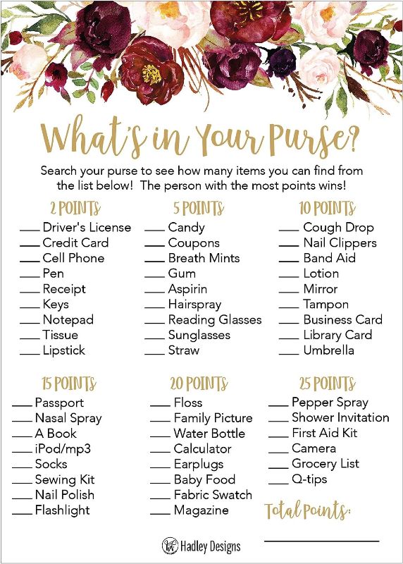 Photo 1 of Floral Whats In Your Purse Bridal Wedding Shower or Bachelorette Party Game Item Cards Engagement Activities Ideas For Couples Funny Flower Rehearsal Dinner Supplies and Decoration Favor For Guests