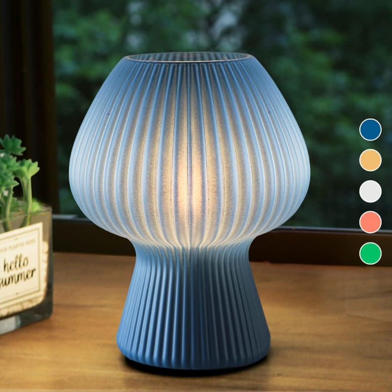Photo 1 of Kaowod Battery Operated Ribbed Glass Mushroom Table Lamp with Timer, Vintage Style Aesthetic Led Mushroom Night Light for Bedroom, Cordless Mushroom Desk Lantern Lamp for Outfitters Home Decoration