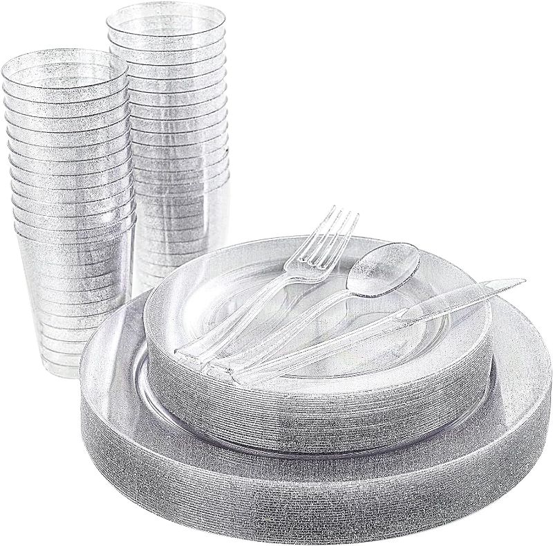Photo 1 of 150 pcs Silver Clear Plastic Plates with Disposable Plastic Silverware&Silver Cups- Silver Glitter Design includes 25 Dinner Plates,25 Salad Plates,25 Forks, Knives, Spoons&10 oz Plastic Cups(Silver?