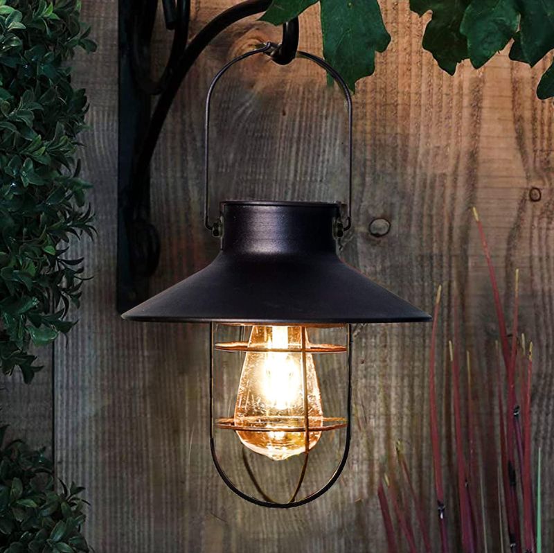 Photo 1 of Solar Lantern Outdoor Hanging Light Metal Solar Lamp with Warm White Edison Bulb Design for Garden Yard Patio Proch Decor(Black)