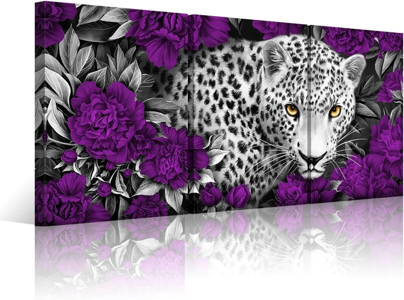 Photo 1 of Visual Art Decor Purple Room Decor Leopard & Purple Flowers Floral Wall Art Cheetah Decor Picture Framed Artwork for Walls 3 Piece