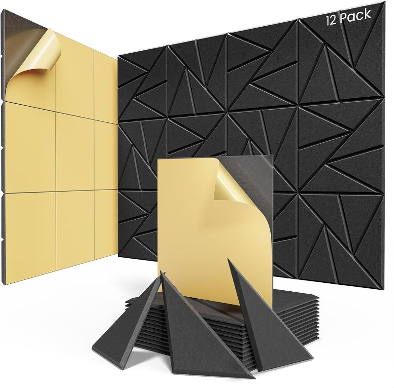 Photo 1 of 12 pack Acoustic Panels With Self-Adhesive, 12"X 12"X 0.4"Sound Proof Foam Panels, Sound Panels High Density, Soundproof Wall Panels for Home Studio Office-Black