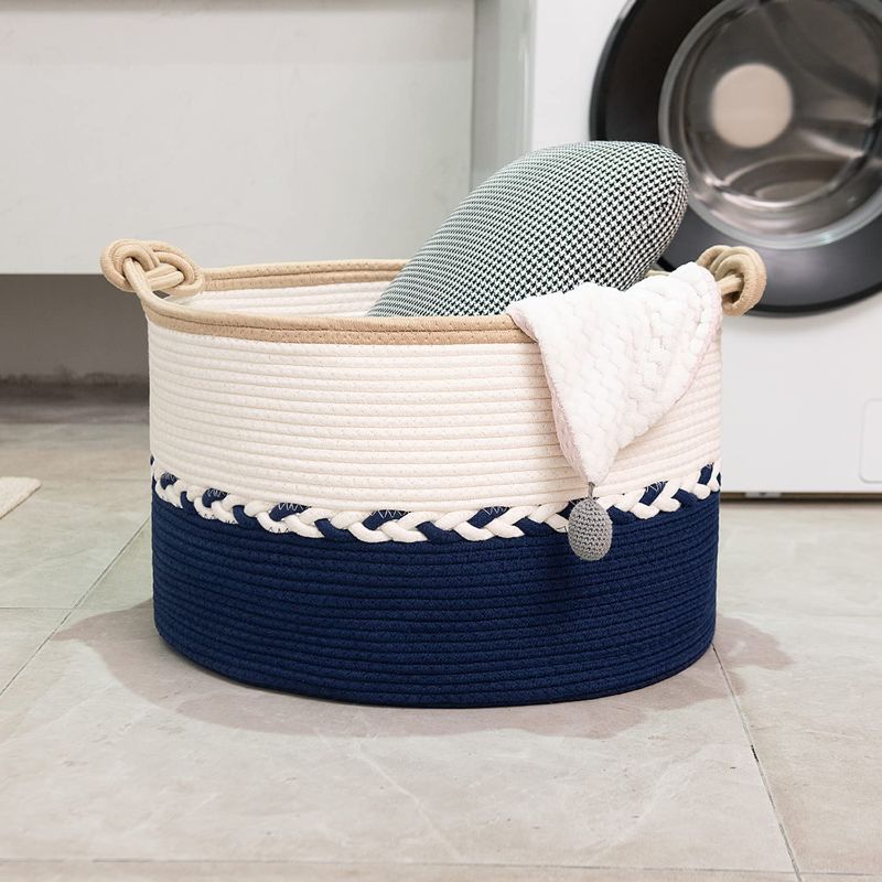 Photo 1 of Laundry Baskets Cotton Rope Basket Woven Basket Blanket Basket with Handle Storage Baskets Round Storage Baskets for Organizing Bins Room for Dog Toy Gifts Extra Large?Blue+White
