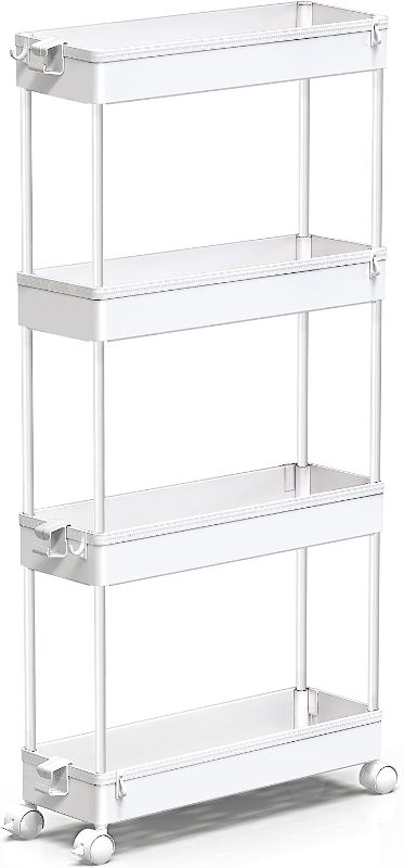 Photo 1 of SPACEKEEPER Slim Rolling Storage Cart 4 Tier Bathroom Organizer Mobile Shelving Unit Utility Cart Tower Rack for Kitchen Laundry Narrow Places, White