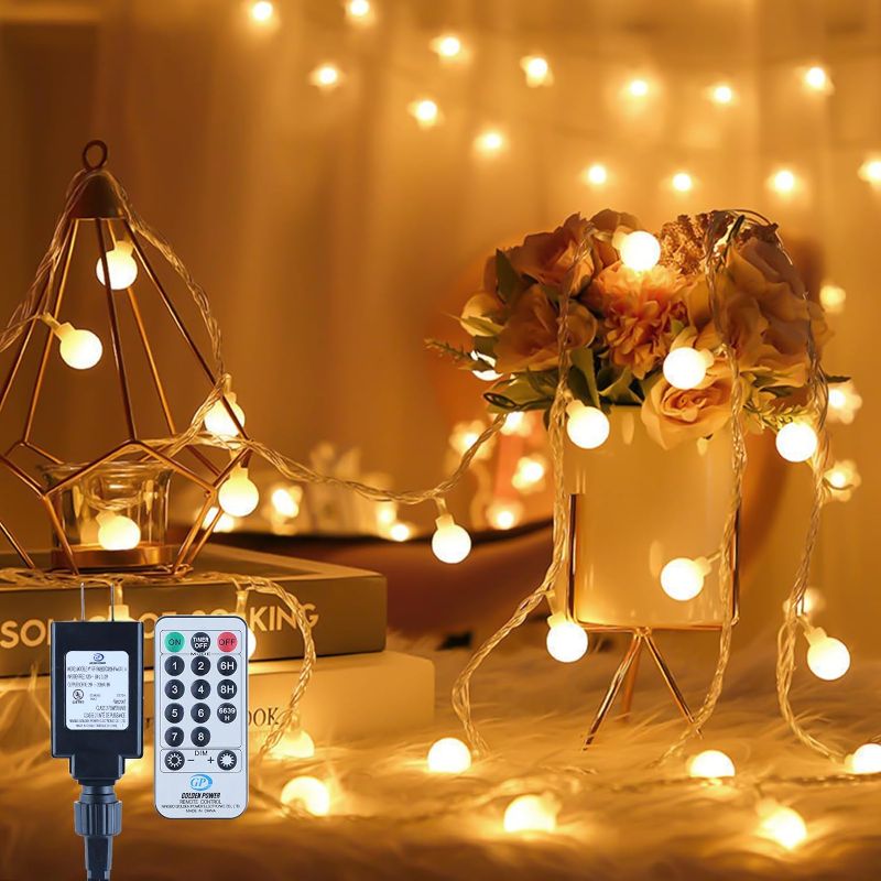 Photo 1 of Globe String Lights, 59FT 100 Led Fairy Lights Plug In 8 Modes With Remote Control Waterproof Outdoor Indoor String Lights, Fairy Lights for Bedroom, Garden, Party, Wedding, Christmas Decor Warm White