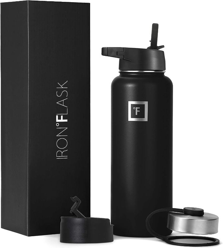 Photo 1 of IRON FLASK 40oz Wide Mouth Sports Water Bottle - 3 Lids, Leak Proof, Double Walled Vacuum Insulated (Black)