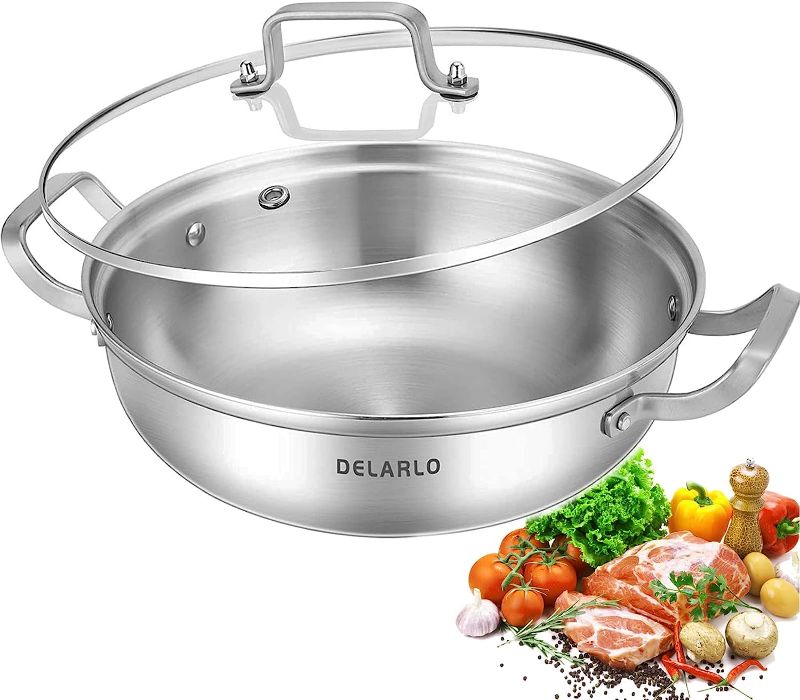 Photo 1 of Delarlo Tri-Ply Stainless Steel 11 inch Uncoated Cookware Everyday Pan with Glass Lid,kitchen everything pan, Chef's Pans,Induction Cooking Pot, Stock Pot