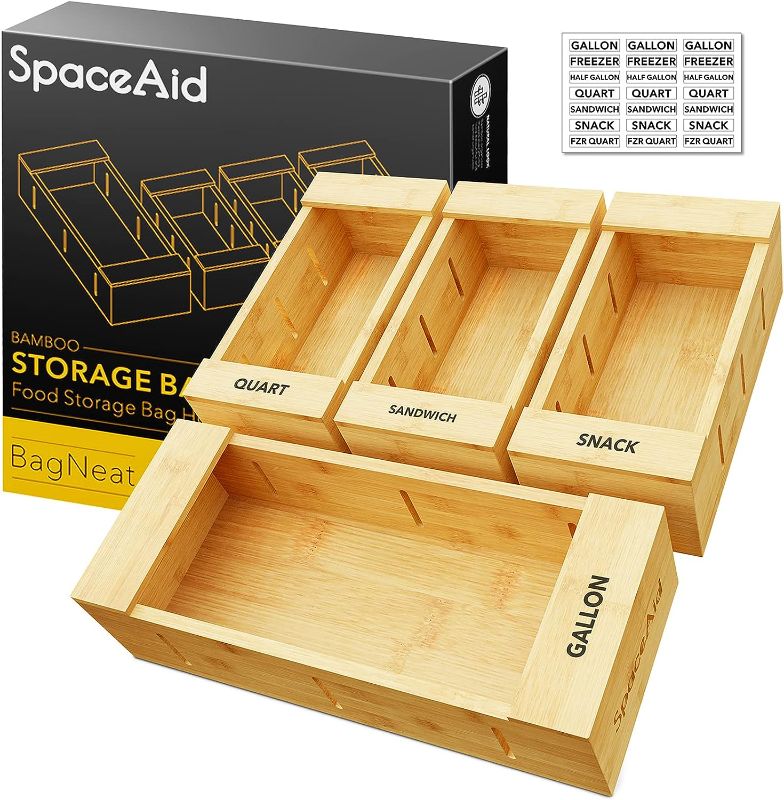 Photo 1 of SpaceAid Bag Storage Organizer for Kitchen Drawer, Bamboo Organizer, Compatible with Gallon, Quart, Sandwich and Snack Variety Size Bag (4 Pack)