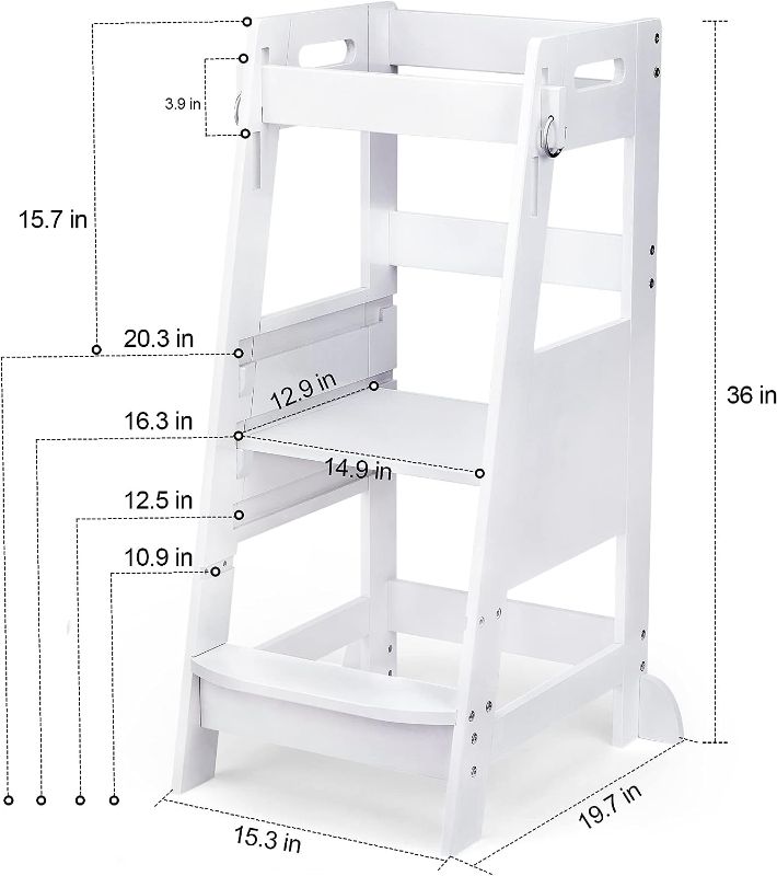 Photo 1 of Toddler Step Stool Kitchen Learning Stool for Kids Helper StandingTower 3 Height Adjustable for Kitchen Counter & Bathroom Sink with Safety Rail,White