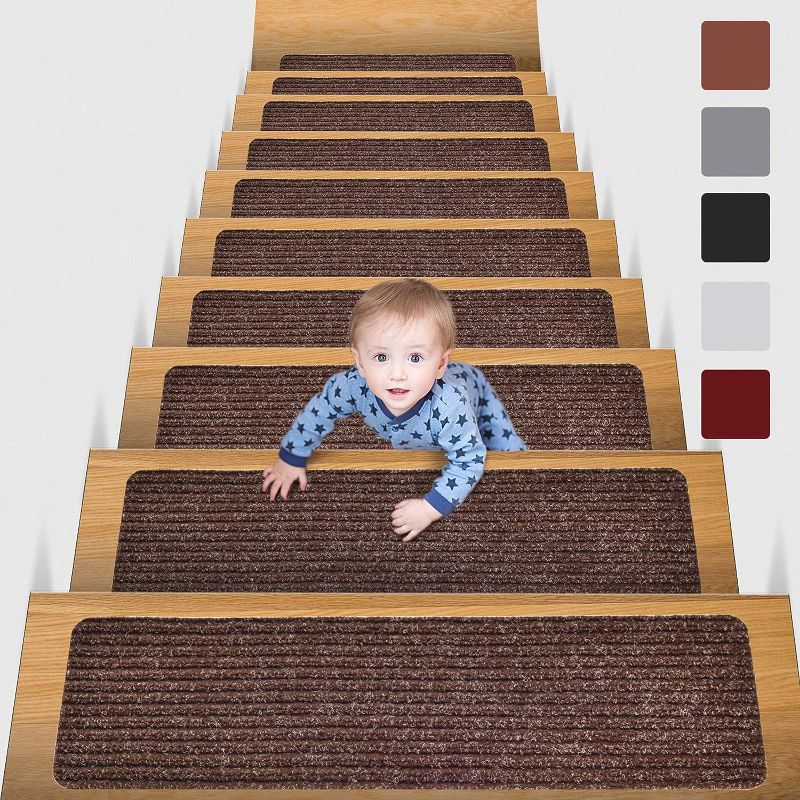 Photo 1 of (15 in Pack) Non-Slip Carpet Stair Treads Non-Skid Safety Rug Slip Resistant Indoor Runner for Kids Elders and Pets with Reusable Adhesive, Brown
