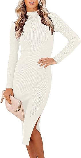 Photo 1 of WONETA Women's Sweater Dress 2023 Fall Long Sleeve Mock Neck Ribbed Knit Slim Fit Slit Midi Bodycon Dresses (M)