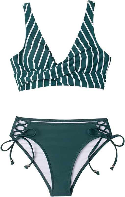 Photo 1 of  Print Mid-Waist Bikini Sets Swimsuit Women Lace Up Two Pieces Swimwear Beach Bathing Suit (Small)