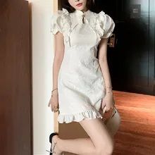 Photo 1 of 2023 Summer White Dress New Young Temperament Improved Version Cheongsam Diamond Ruffles Slimming Dresses