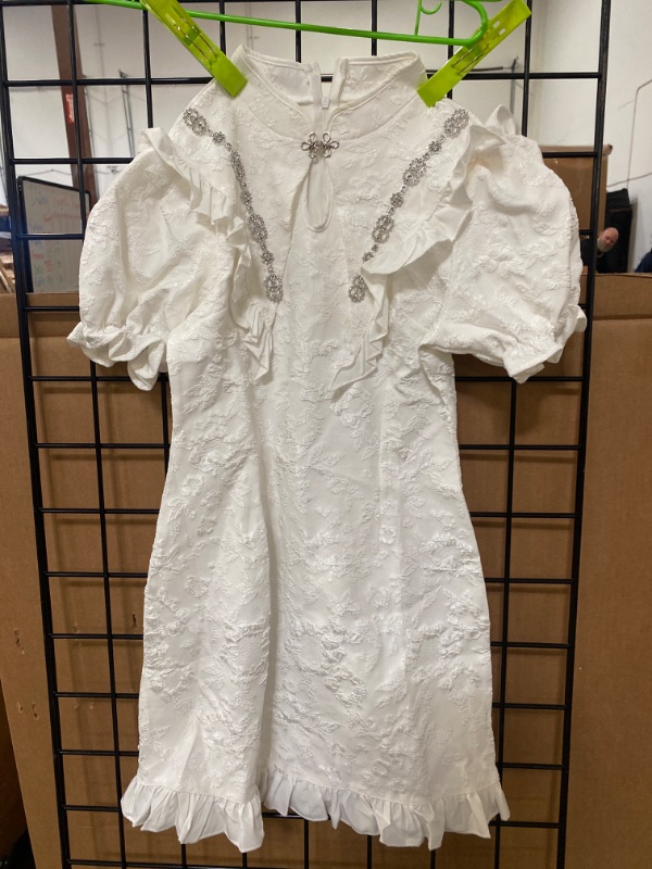 Photo 2 of 2023 Summer White Dress New Young Temperament Improved Version Cheongsam Diamond Ruffles Slimming Dresses