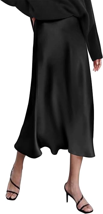 Photo 1 of Zeagoo Womens Midi Skirt High Waisted Solid Satin Dress Zipper Elegant Work Skirts (L)