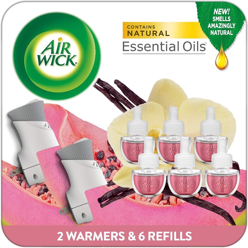 Photo 1 of Air Wick Plug In Scented Oil Starter Kit, 2 Warmers + 6 Refills, Vanilla & Pink Papaya, Essential Oils, Air Freshener