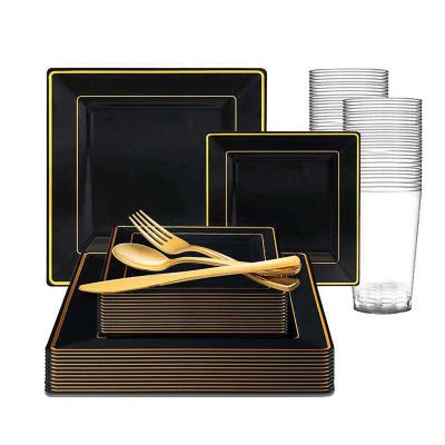 Photo 1 of Black with Gold Square Edge Rim Plastic Dinnerware Value Set (60 Settings)