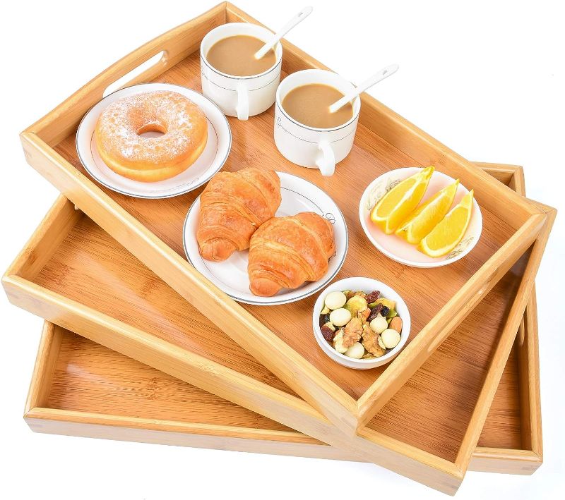 Photo 1 of Bamboo 3 Pack Serving Tray Kitchen Food Tray with Handles Serving Platters Tray Great for Dinners Party,Tea Bar, Table Breakfast Snack