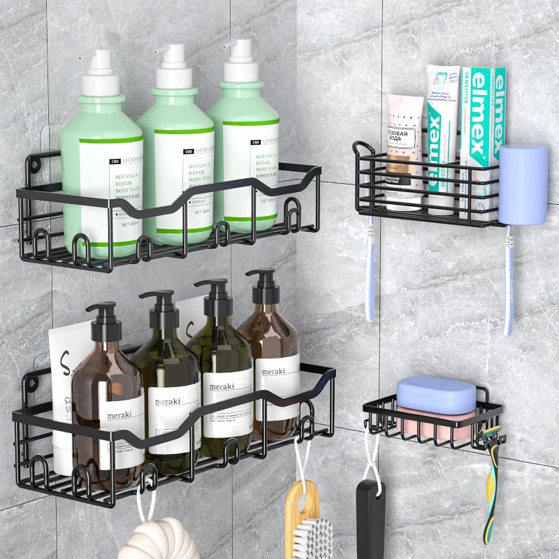 Photo 1 of ASTOFLI Shower Caddy 4 Pack, Rustproof Self Adhesive Shower Shelves, Large Capacity Bathroom Shower Organizer, Shower Rack Shower Storage with 18 Hooks
