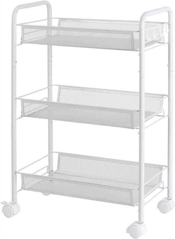 Photo 1 of Rolling Storage Cart 3-Tier Metal Mesh Basket Shelves Kitchen Organizer with Wheels(White)