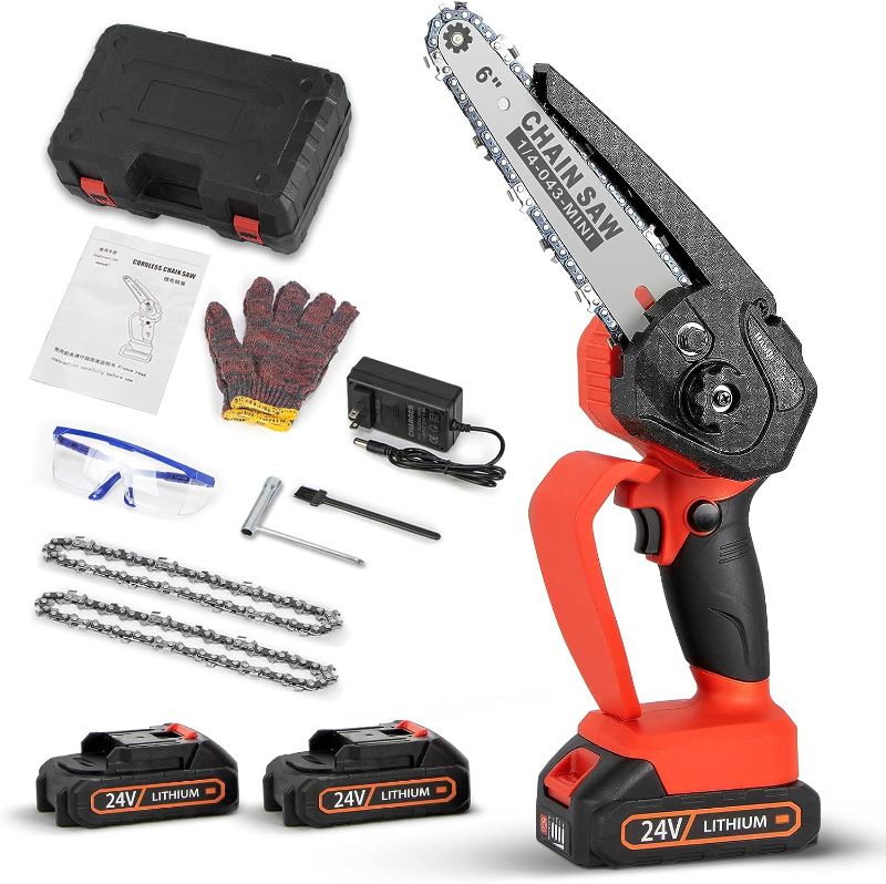 Photo 1 of Mini Chainsaw 6-Inch Cordless?HanQi Battery Powered Handheld Chain Saw with 2 Large Capacity Battery and 2 Chains,Electric Small Chainsaw for Wood Cutting Tree Trimming