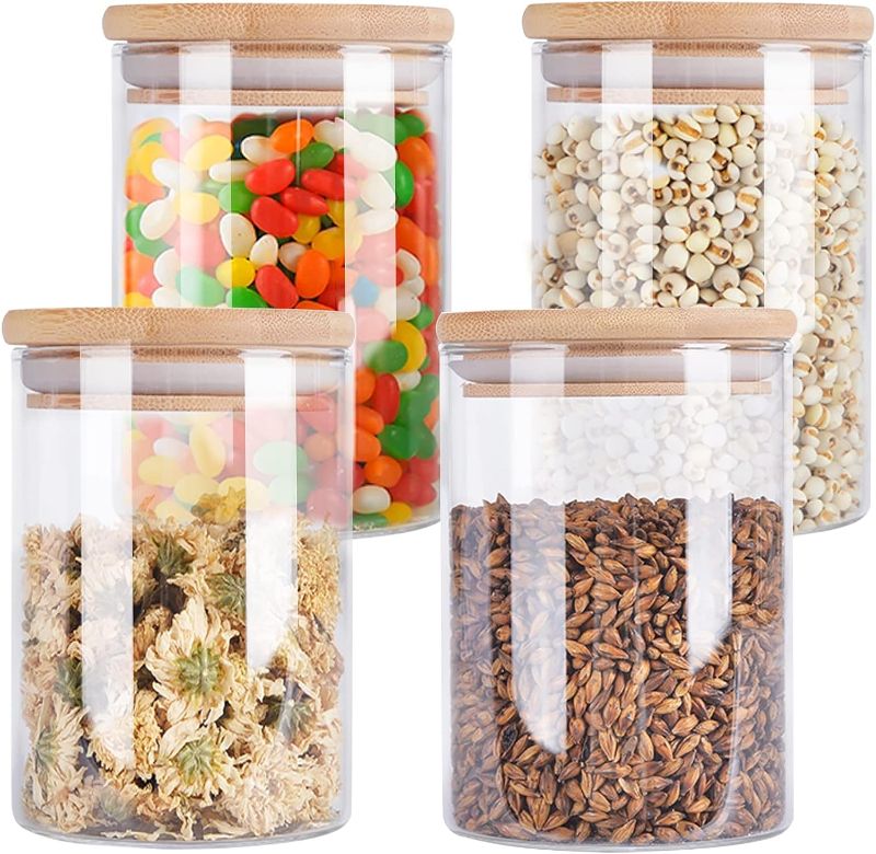 Photo 1 of 4 Pack Glass Storage Jars with Airtight Bamboo Lid, Aoeoe 27 OZ Glass Food Storage Jar, Glass Kitchen Canisters, Clear Container for Coffee Bean Storage, Dry Goods, Cookie, Candy, Tea, Spices and More